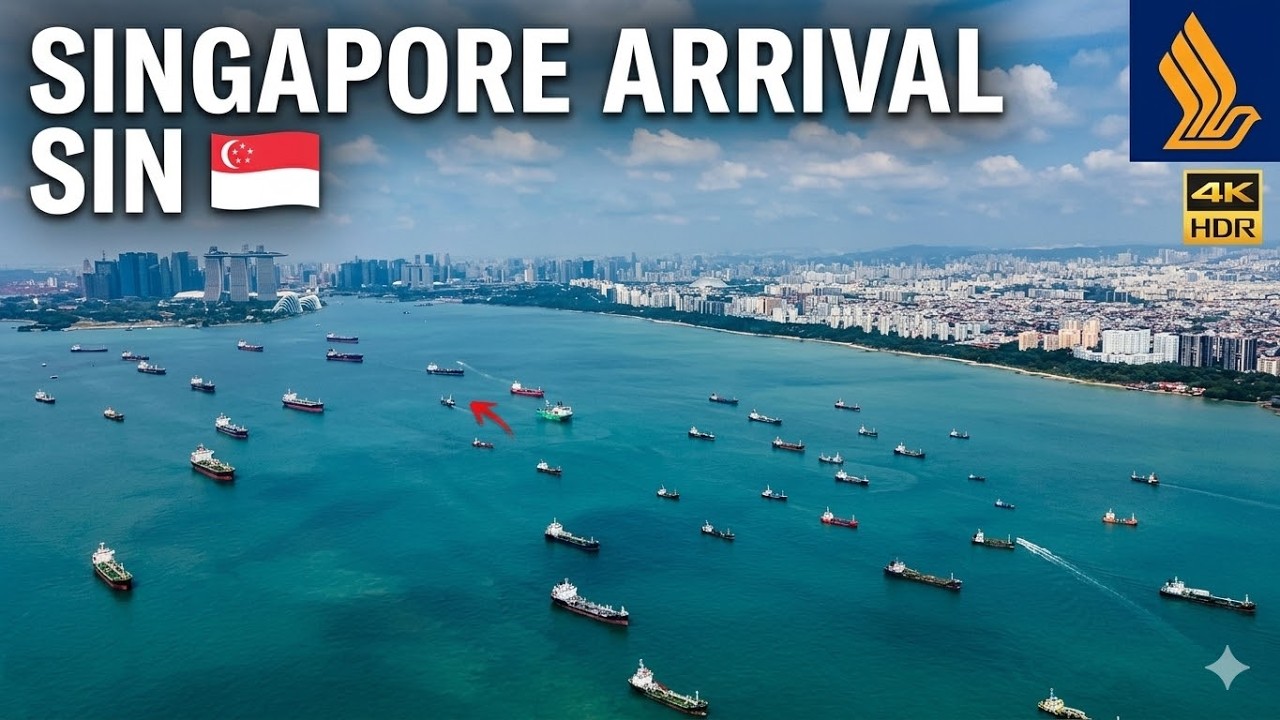 Ships and coastline seen from the aircraft approaching Singapore Changi Airport